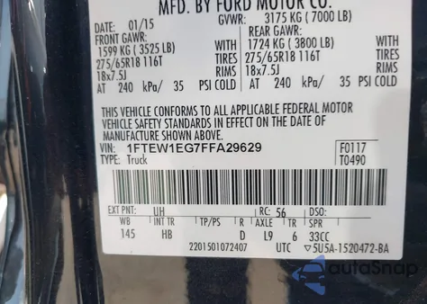 2015 Ford F-150 Lariat z USA, uszkodzony, nr VIN 1FTEW1EG7FFA29629